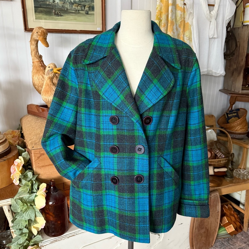 Plaid Double-Breasted Green & Blue Peacoat Jacket